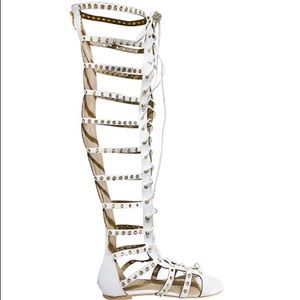 Studded White Gladiator Knee-High Sandals - Women